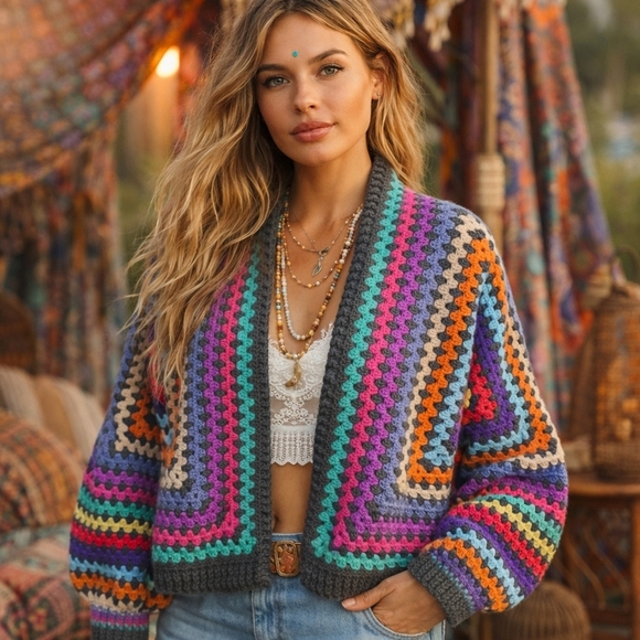 Lani Dez Creations Sweaters - HANDMADE CROCHET OPEN FRONT GRANNY CARDIGAN SWEATER SZ M